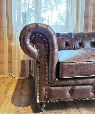 Диван Chesterfield RS073-3, кожа Dossey Brown, 247×93×77 см